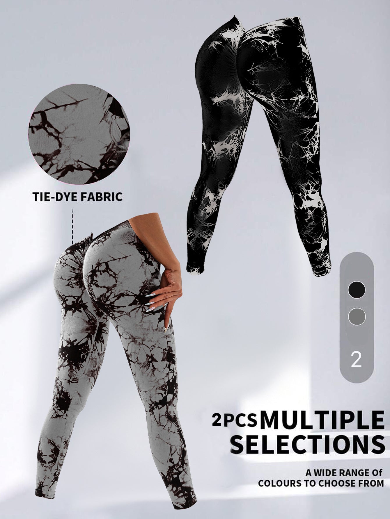 2 Pack Tie-Dye High Waist V-Back Yoga Leggings, Peach-Hip Enhancing Athleisure Tights, Sport Style Fitness Pants